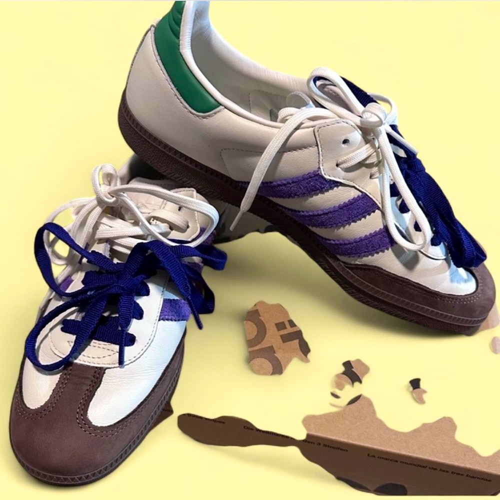 Adidas Samba- Off-white, Purple Trainers with Green Accent